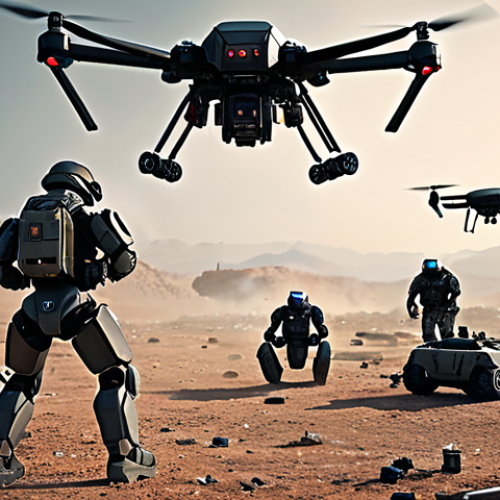 Home 11 **
A swarm of futuristic drones equipped with advanced sensors flying over a battlefield landscape. In the foreground, a rugged robot is defusing a mine. The scene has a gritty, realistic feel, with muted colors and dramatic lighting. This conveys the synergy between drones and robots in modern warfare.
**