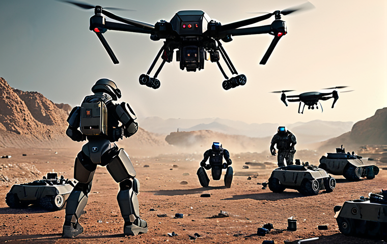 **
A swarm of futuristic drones equipped with advanced sensors flying over a battlefield landscape. In the foreground, a rugged robot is defusing a mine. The scene has a gritty, realistic feel, with muted colors and dramatic lighting. This conveys the synergy between drones and robots in modern warfare.
**