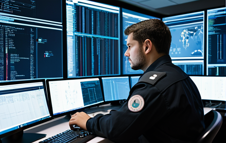 A professional male cyber security specialist, fully clothed in a modest, modern tactical uniform, is intently focused at a workstation in a high-tech network operations center. Multiple large screens display intricate code, digital data streams, and secure network schematics. The environment is clean, well-lit, and futuristic. The image has a high-resolution, professional photography style with soft studio lighting, emphasizing the subject's concentration and expertise. Perfect anatomy, correct proportions, natural pose, well-formed hands, proper finger count, natural body proportions, safe for work, appropriate content, professional dress, family-friendly.
