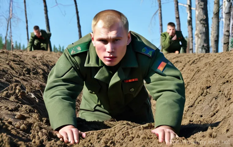 육군 부대 내 계급별 역할 - **Prompt 1: "First Steps and Early Training"**
A group of young Russian military recruits, appea...
