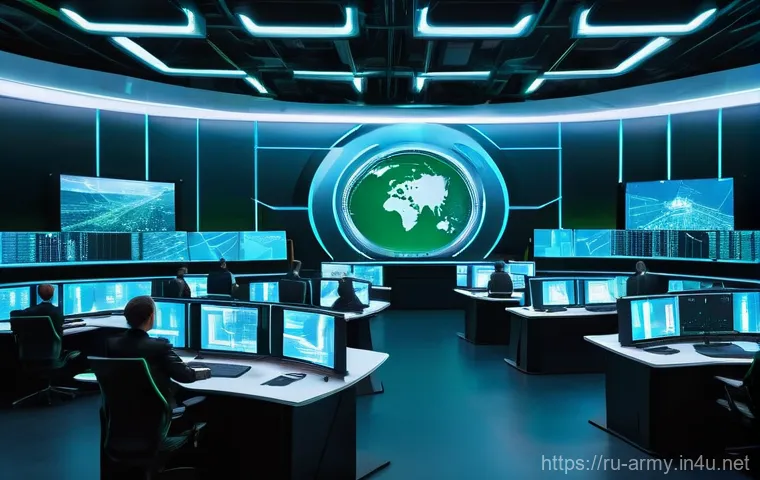 육군 군사 기밀 보호 규정 - **Prompt 1: The Digital Fortress of National Security**
A wide, cinematic shot of a futuristic, ...