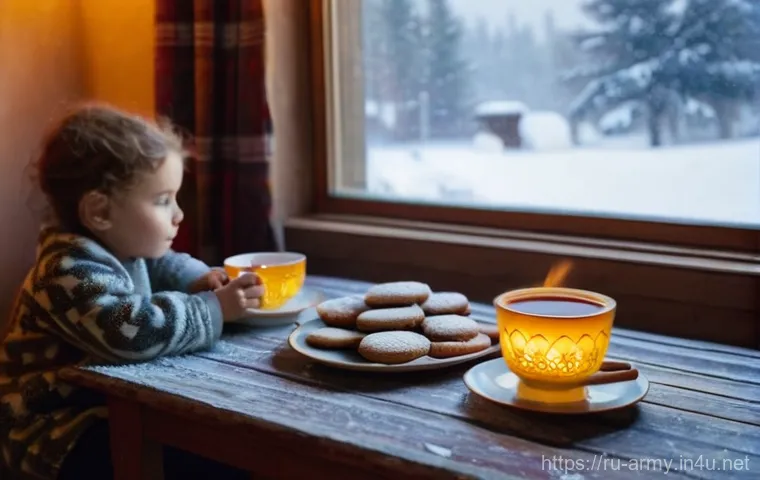육군 부대 내 동계 장비 - **Cozy Russian Winter Evening at Home:** A warm and inviting scene inside a traditional Russian home...