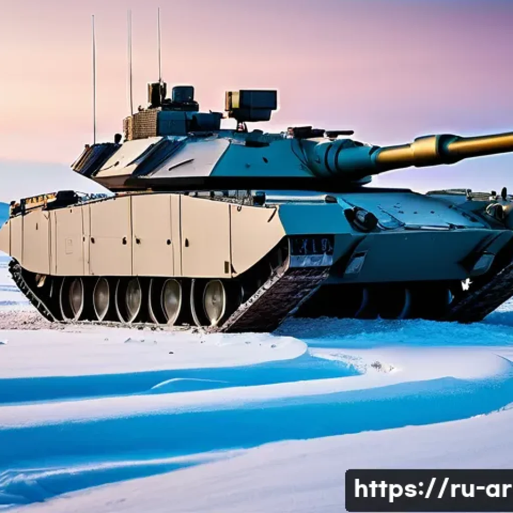 육군 기갑 전력 비교 - A highly detailed futuristic Russian T-14 Armata tank positioned on a snowy battlefield at dusk, sho...