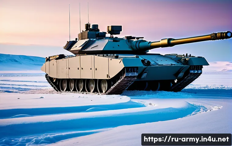 육군 기갑 전력 비교 - A highly detailed futuristic Russian T-14 Armata tank positioned on a snowy battlefield at dusk, sho...