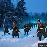 Home 21 육군 전쟁사 및 주요 전투 - A dynamic battlefield scene depicting a surprise night maneuver during the Battle of Stalingrad, fea...
