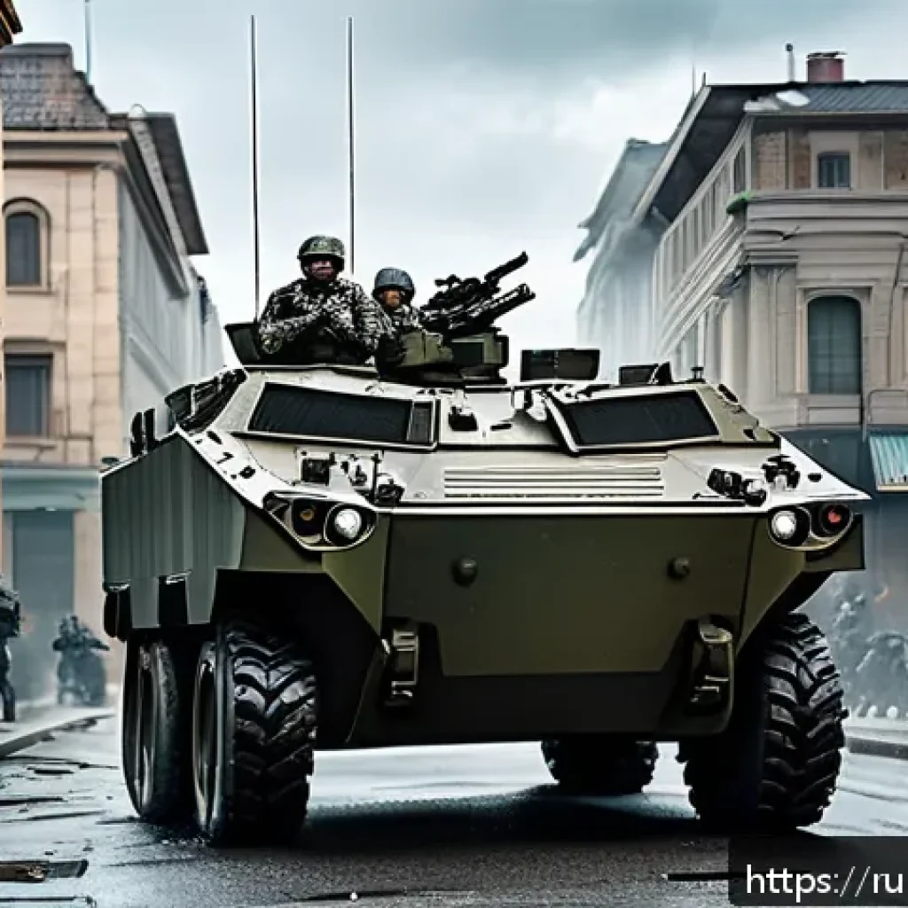 육군 기갑 전투 실전 분석 - A dynamic urban warfare scene featuring a small, agile armored personnel carrier (APC) maneuvering t...