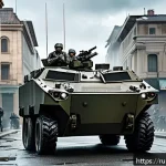 Home 20 육군 기갑 전투 실전 분석 - A dynamic urban warfare scene featuring a small, agile armored personnel carrier (APC) maneuvering t...