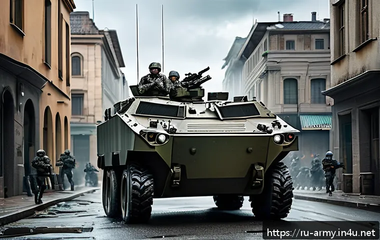 육군 기갑 전투 실전 분석 - A dynamic urban warfare scene featuring a small, agile armored personnel carrier (APC) maneuvering t...