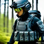 Home 23 육군 미래형 개인 전투 장비 - A futuristic soldier wearing advanced modular combat gear made of lightweight Kevlar and carbon fibe...