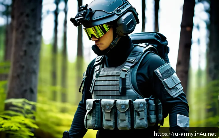 육군 미래형 개인 전투 장비 - A futuristic soldier wearing advanced modular combat gear made of lightweight Kevlar and carbon fibe...