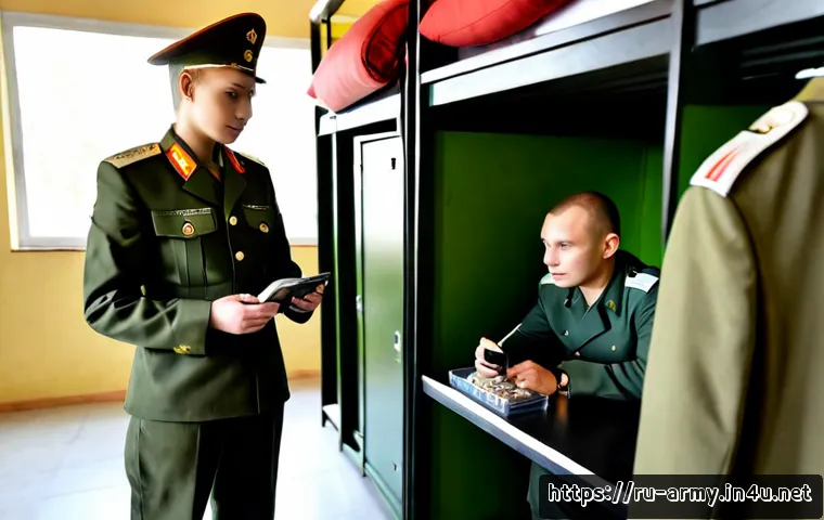 육군 군대 내 금지 물품 - Photorealistic Russian military barracks inspection, a young adult conscript in plain olive uniform ...