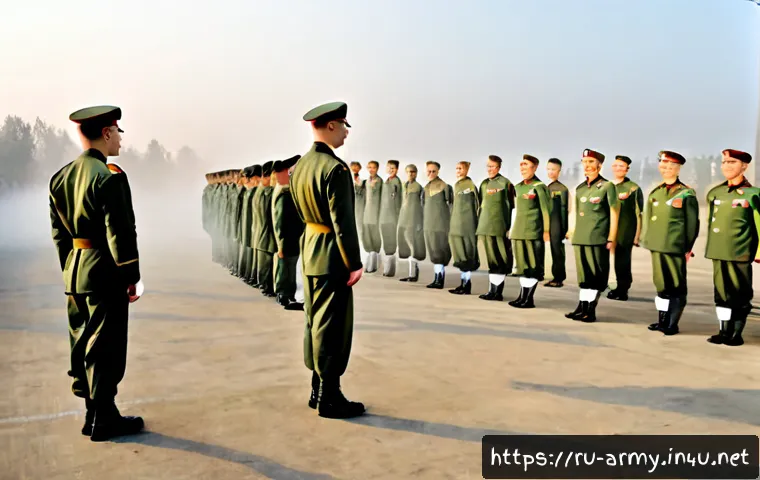 육군 군사기초훈련 일정 - Photorealistic Russian military basic training scene at dawn, young adult recruits in plain olive tr...