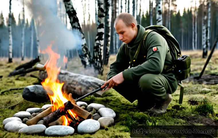 Home 17 육군 실전 생존 기술 - Photorealistic Russian woodland survival training scene, an adult soldier in plain unbranded olive f...